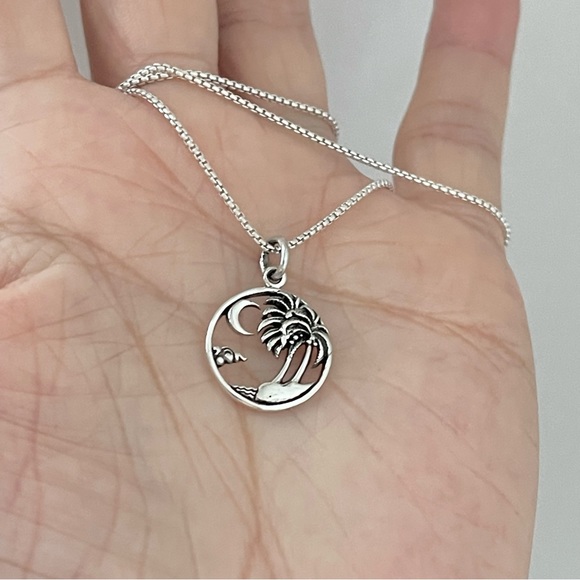 Sterling Silver Beach Palm Tree with Moon Necklace, Silver Necklace, Tropical - Picture 6 of 13
